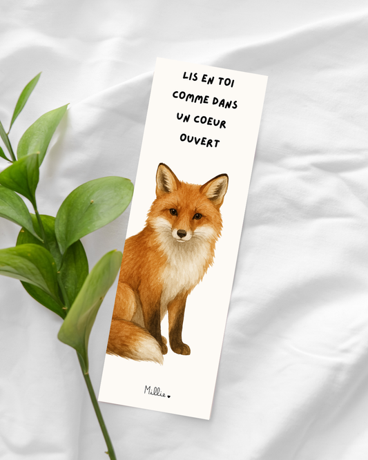 Un marque-page avec le message "lis en toi comme dans un coeur ouvert" et un renard illustré en aquarelle. 